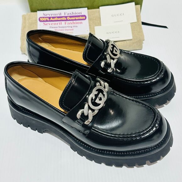 Gucci Interlocking G Chain 10/ US 10.5 Loafers Black Leather Lug Sole Shoes NIB - Picture 9 of 16
